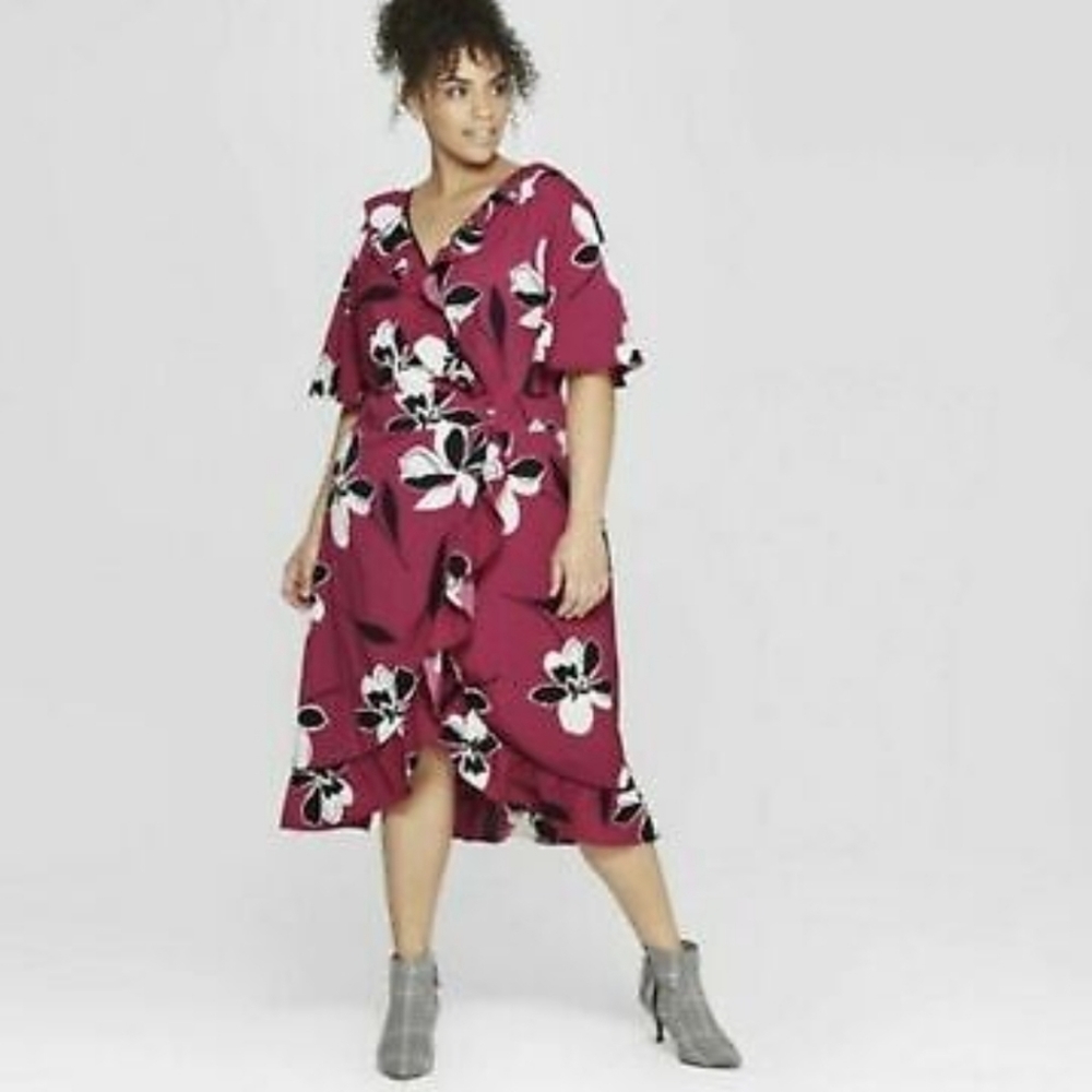 Who What Wear Berry Floral Midi Wrap Dress